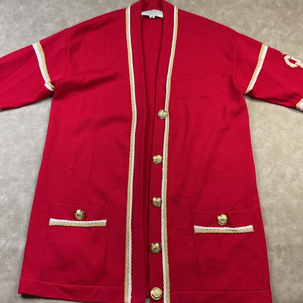 St John Marie Gray‎ Cardigan Womens M Red Santana Knit Gold Buttons Vintage - Picture 5 of 9